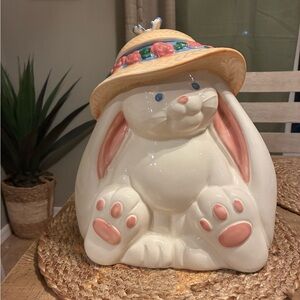 Charming Cream Bunny Cookie Jar with Floral Hat